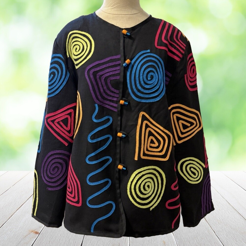 Vintage ALLURE Embroidered Artwear Jacket Colorful Abstract Soutache Black Sz M